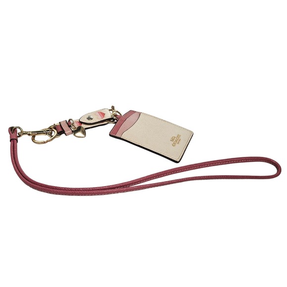 Coach Lanyard ID Badge Card Case Holder Keychain Hearts Charm Pink Beige - Picture 1 of 4
